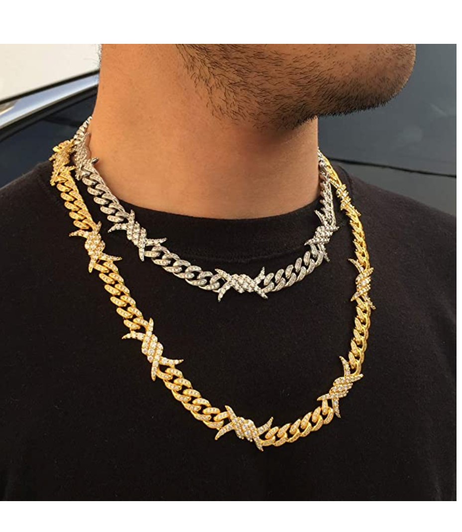 Barbwire Necklace Spike Cuban Link Chain Diamond Mens Hip Hop Rapper Barb Wire Twist Spiked Chain Gold Silver Metal Alloy 16 - 30in.