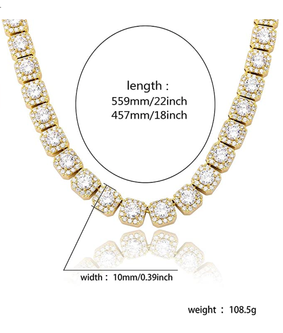 10mm Diamond Cluster Necklace Solitaire Cluster Chain Hip Hop Jewelry Wedding Princess Rapper Gold Silver Metal Alloy 18 - 22in.