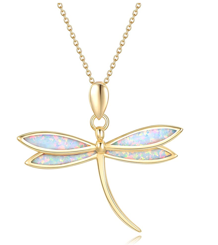 925 Sterling Silver Dragonfly Necklace Opal Simulated Dragonfly Jewelry Pendant Chain Birthday Gift Gold Tone 18in.