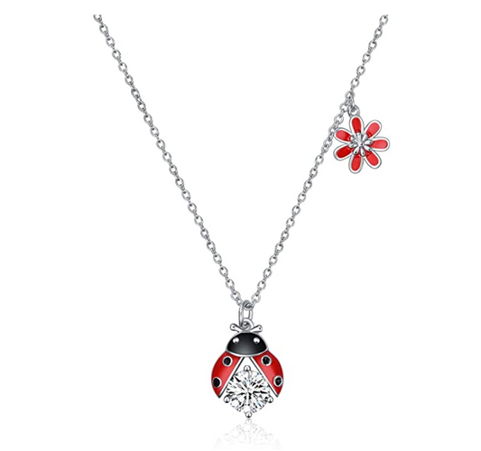 925 Sterling Silver Red Ladybug Pendant Diamond Flower Necklace Lady Bug Jewelry Insect Lucky Bug Chain Birthday Gift 20in.