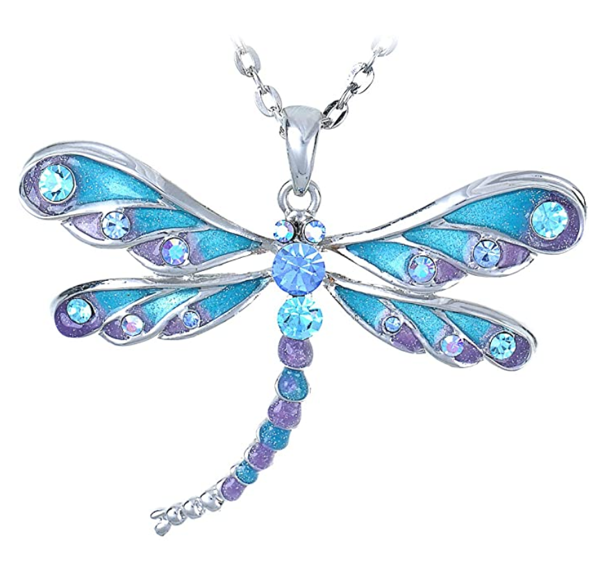 Blue Dragonfly Necklace Dragonfly Jewelry Pendant Chain Birthday Gift Silver Color 16in.