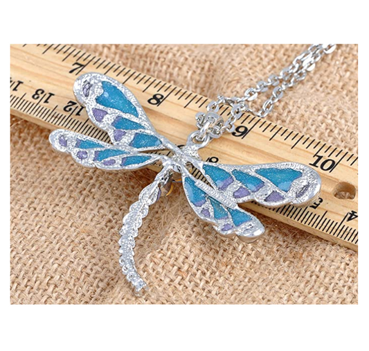 Blue Dragonfly Necklace Dragonfly Jewelry Pendant Chain Birthday Gift Silver Color 16in.