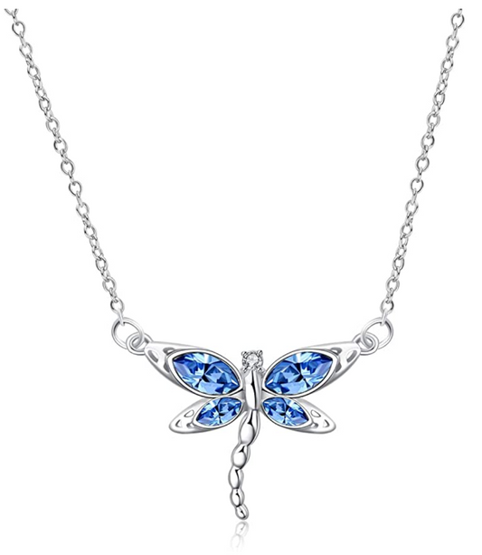 925 Sterling Silver Dragonfly Necklace Blue Simulated Diamond Dragonfly Jewelry Pendant Chain Birthday Gift 18in.