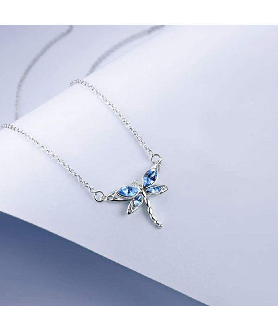 925 Sterling Silver Dragonfly Necklace Blue Simulated Diamond Dragonfly Jewelry Pendant Chain Birthday Gift 18in.