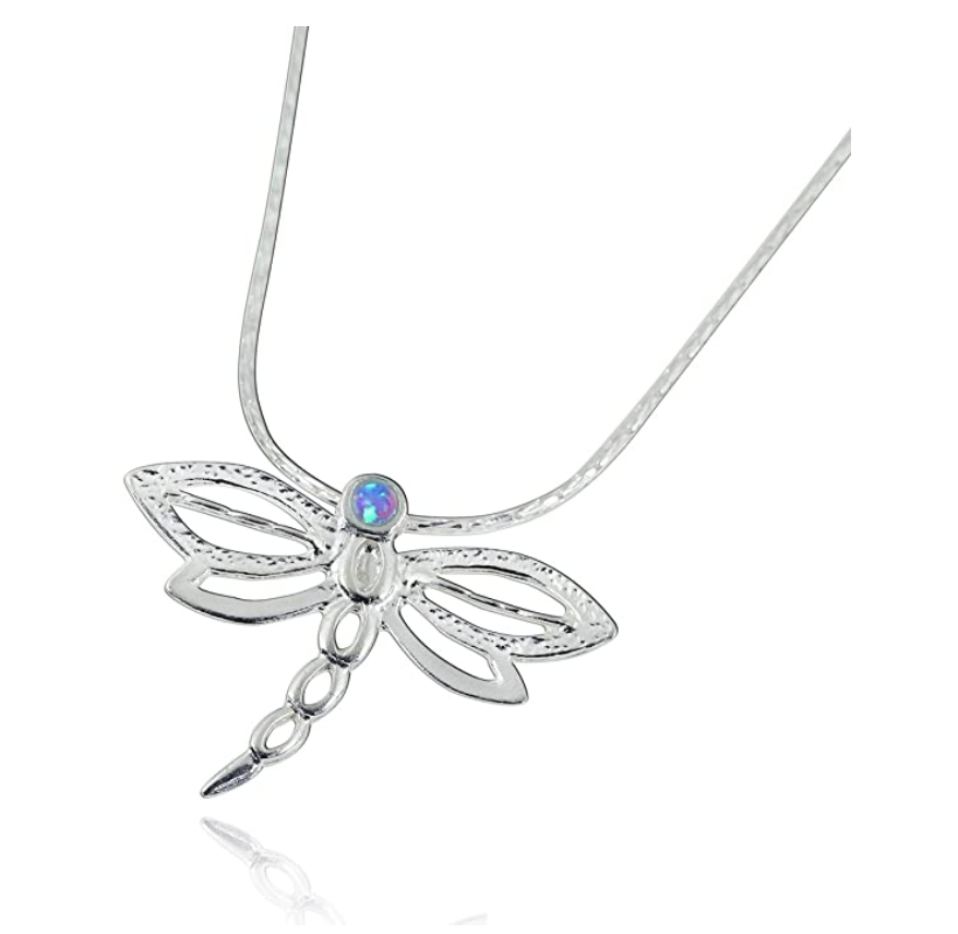 925 Sterling Silver Dragonfly Necklace Blue Opal Simulated Dragonfly Jewelry Pendant Chain Birthday Gift 22in.
