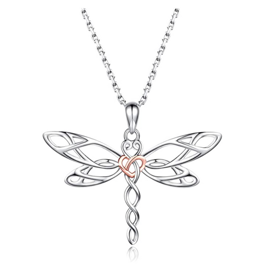 925 Sterling Silver Dragonfly Necklace Heart Dragonfly Jewelry Pendant Chain Birthday Gift Rose Gold Silver Color 22in.