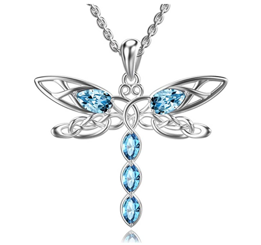 925 Sterling Silver Dragonfly Pendant Blue Diamond Necklace Dragonfly Jewelry Chain Birthday Gift 20in.