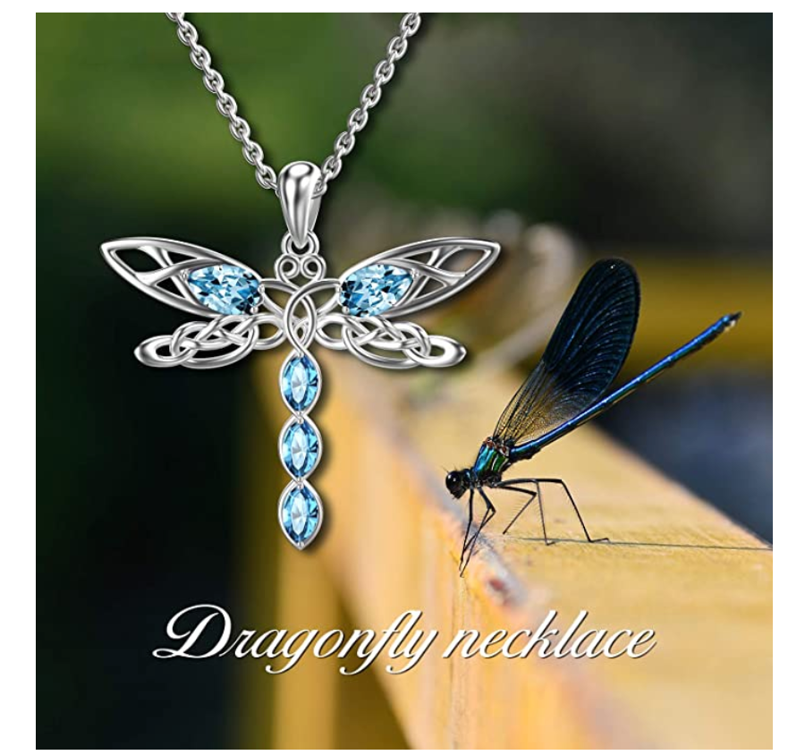 925 Sterling Silver Dragonfly Pendant Blue Diamond Necklace Dragonfly Jewelry Chain Birthday Gift 20in.