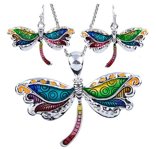 Dragonfly Pendant Necklace Dragonfly Earring Set Jewelry Chain Birthday Gift 20in.