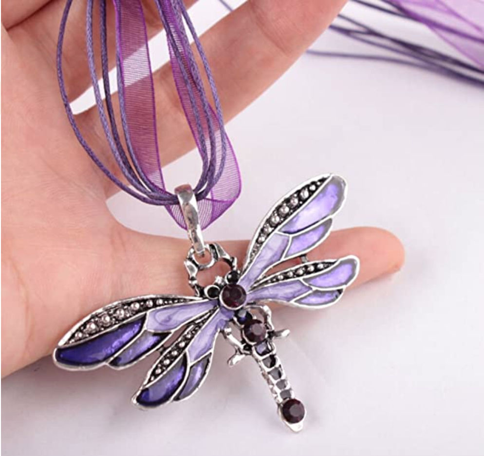 Purple Dragonfly Pendant Necklace Enamel Dragonfly Red Bohemian Jewelry Green Chain Birthday Gift 18in.