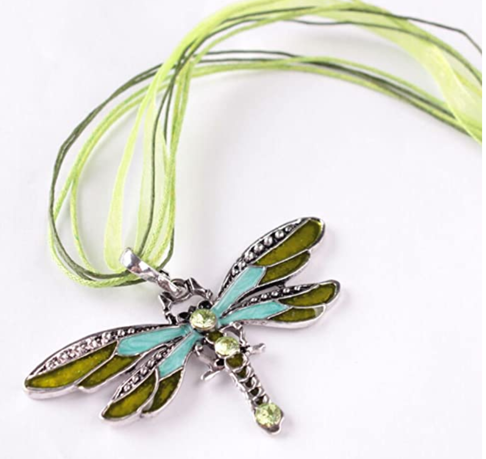Green Dragonfly Pendant Necklace Enamel Dragonfly Red Bohemian Jewelry Purple Chain Birthday Gift 18in.