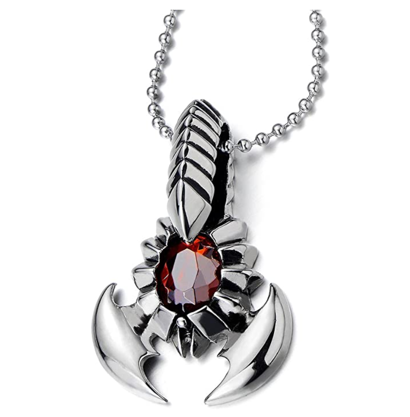 Simulated Red Ruby Scorpio Necklace Scorpion Jewelry Zodiac Pendant Chain Birthday Gift Silver Color Stainless Steel 30in.
