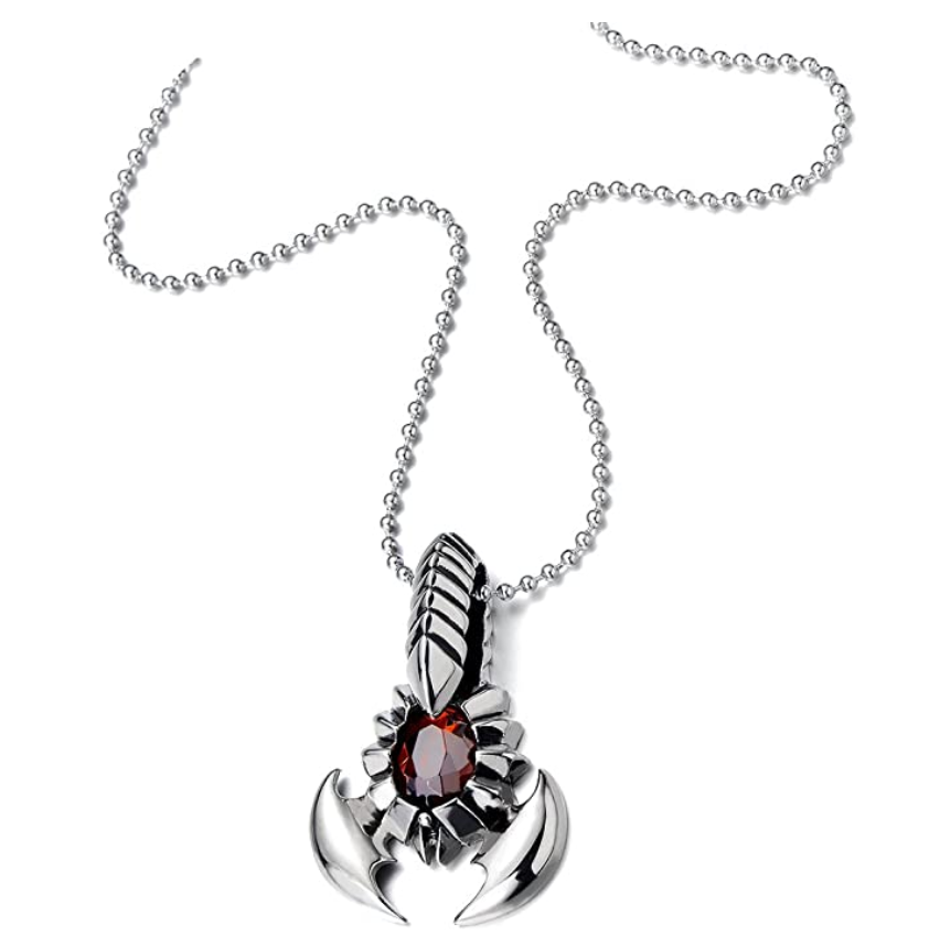 Simulated Red Ruby Scorpio Necklace Scorpion Jewelry Zodiac Pendant Chain Birthday Gift Silver Color Stainless Steel 30in.