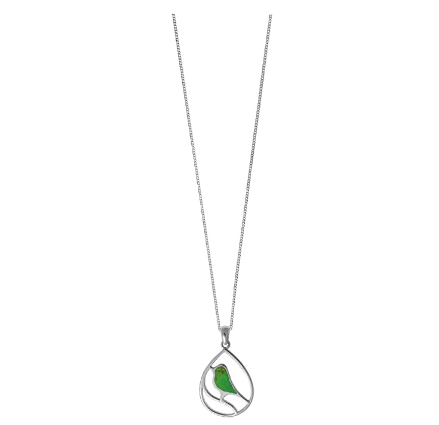 Blue Bird Necklace Round Circle Pendant Green Bird Jewelry Bird Sitting Chain Birthday Gift 925 Sterling Silver 16in.