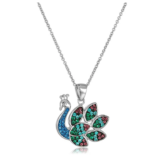 Peacock Pendant Necklace Peacock Feather Jewelry Bird Chain Birthday Gift Simulated Diamonds 18in.