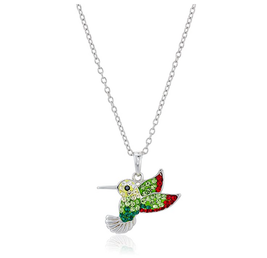 Green & Red Hummingbird Pendant Necklace Hummingbird Jewelry Bird Chain Birthday Gift Simulated Diamonds 18in.