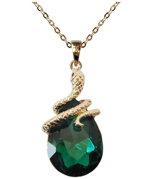 Water Drop Crystal Green Snake Pendant Necklace Snake Jewelry Serpent Chain Gold Tone Birthday Gift 18in.