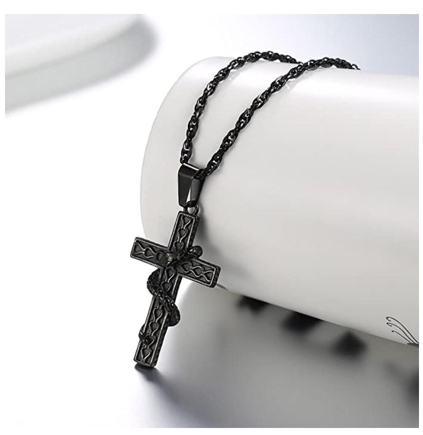 Black Snake Cross Necklace Snake Witch Jewelry Gothic Serpent Chain Birthday Gift Gold Silver Stainless Steel 24in.