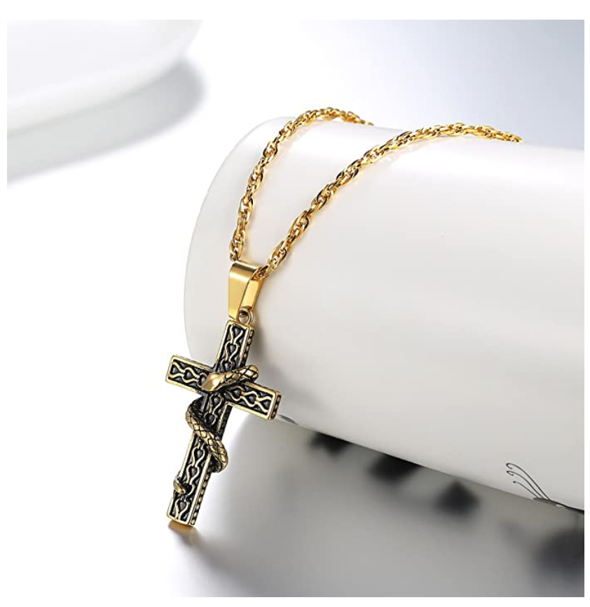Black Snake Cross Necklace Snake Witch Jewelry Gothic Serpent Chain Birthday Gift Gold Silver Stainless Steel 24in.