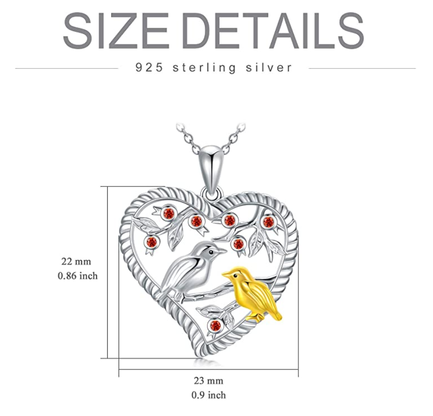 925 Sterling Silver Heart Bird Necklace Pendant Bird Jewelry Bird Chain Birthday Gift 18in.