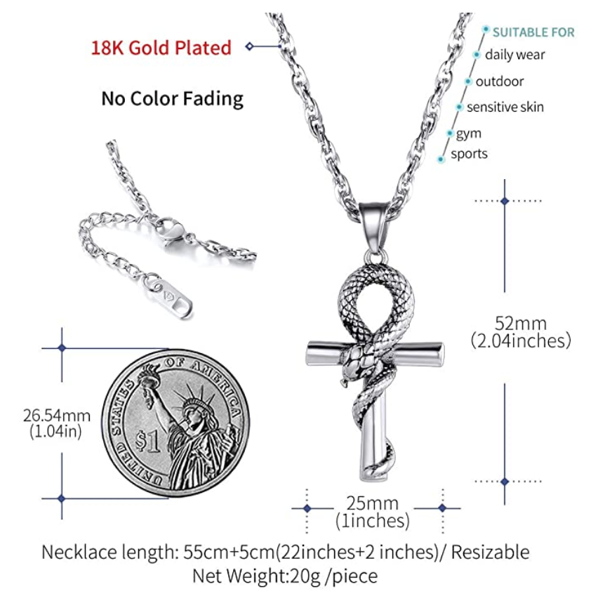 Ankh Snake Pendant Necklace Interwoven Snake Cross Egyptian Jewelry African Serpent Chain Birthday Gift Silver Gold Tone 18in.