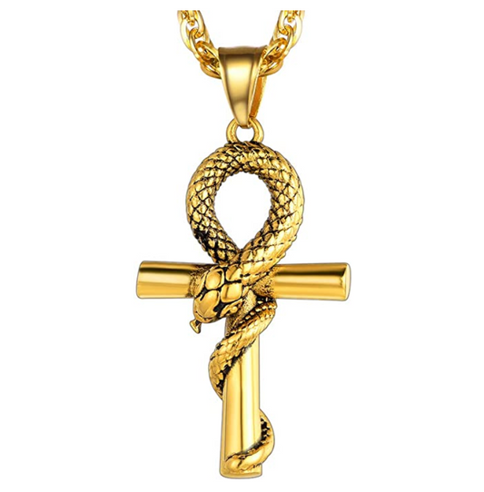 Ankh Snake Pendant Necklace Interwoven Snake Cross Egyptian Jewelry African Serpent Chain Birthday Gift Silver Gold Tone 18in.