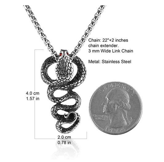 Red Eye Cobra Necklace Snake Pendant Gothic Jewelry King Cobra Snake Chain Birthday Gift Silver Tone 24in.