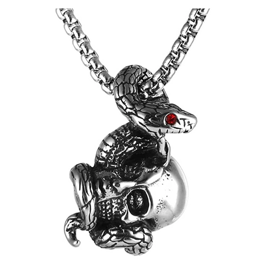 Skull Head Snake Necklace Red Eye Snake Skull Pendant Gothic Jewelry Skelton Snake Chain Birthday Gift Silver Tone 24in.