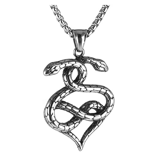 2 Head Snake Heart Necklace Snake Pendant Gothic Jewelry Love Snake Chain Birthday Gift Silver Tone 24in.
