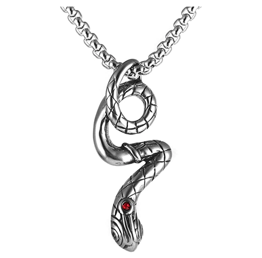 Simulated Red Ruby Snake Heart Necklace Snake Pendant Gothic Jewelry Love Snake Chain Birthday Gift Silver Tone 24in.