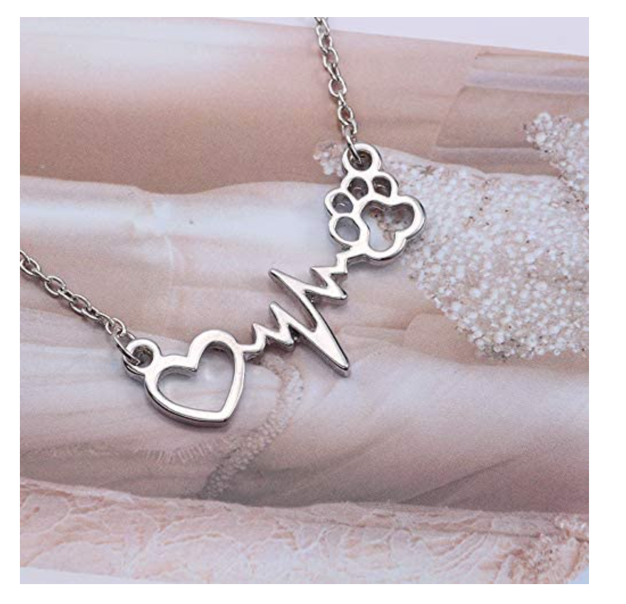 ECG Heart Heartbeat Paw Print Pendant Heart Love Necklace Jewelry Dog Chain Dog Puppy Birthday Gift 18in.
