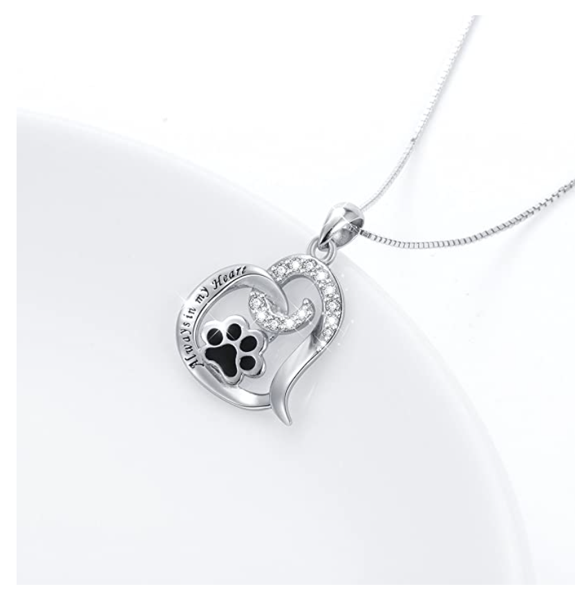 Paw Print Heart Pendant Love Puppy Dog Necklace Jewelry Dog Chain Birthday Gift Simulated Diamond 925 Sterling Silver 18in.