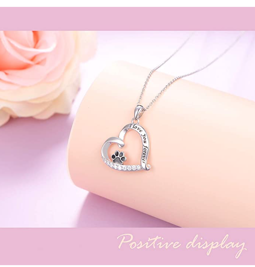 Paw Print Heart Pendant Love Puppy Dog Necklace Jewelry Dog Chain Birthday Gift Simulated Diamond 925 Sterling Silver 18in.