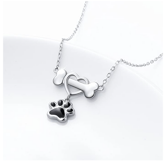 Dog Bone Paw Print Heart Pendant Love Puppy Dog Necklace Jewelry Dog Bone Chain Birthday Gift 925 Sterling Silver 18in.