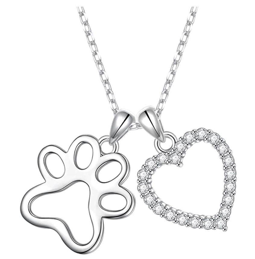 Dog Paw Heart Pendant Love Puppy Dog Necklace Jewelry Dog Bone Chain Birthday Gift 925 Sterling Silver 18in.