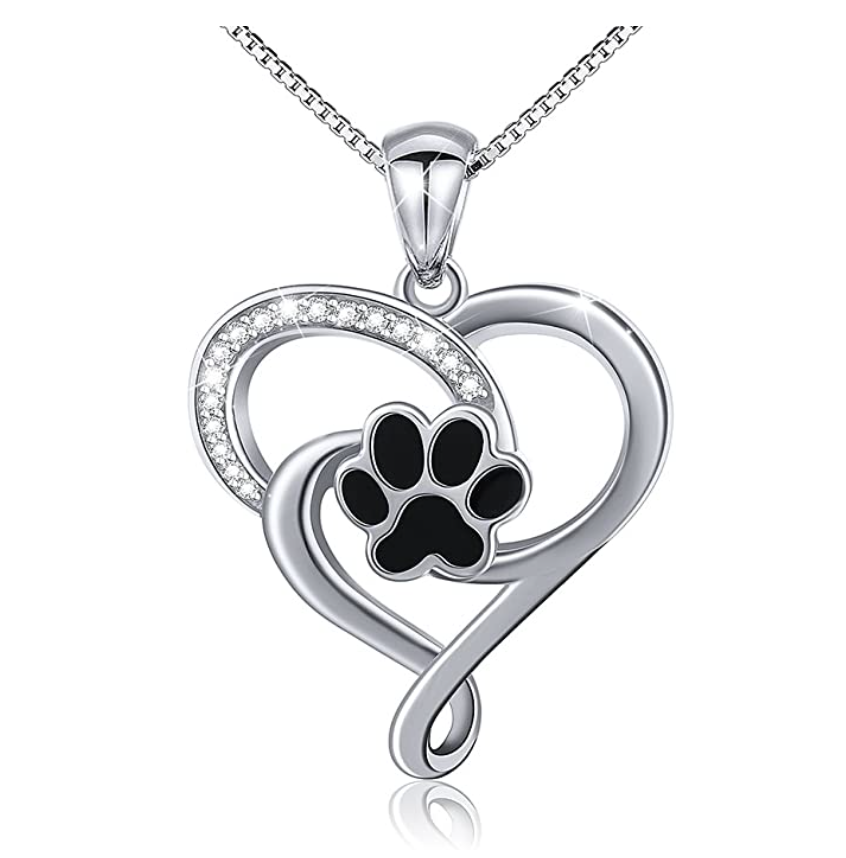 Dog Heart Paw Pendant Love Puppy Dog Necklace Jewelry Dog Paw Print Chain Birthday Gift 925 Sterling Silver Simulated Diamonds 18in.