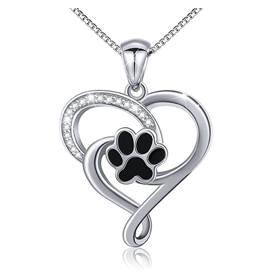 Dog Heart Paw Pendant Love Puppy Dog Necklace Jewelry Dog Paw Print Chain Birthday Gift 925 Sterling Silver Simulated Diamonds 18in.