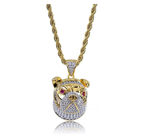 French Bulldog Head Pendant English Bulldog Necklace Jewelry Dog Chain Doggy Puppy Birthday Gift Simulated Diamonds Gold Tone 24in.