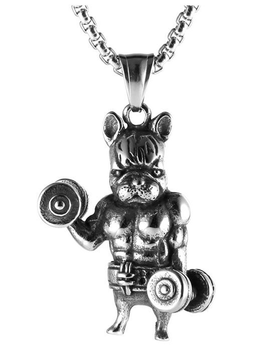 Workout Dumbbell Necklace Bulldog Pitbull Pendant Jewelry Dog Chain Doggy Puppy Birthday Gift 24in.