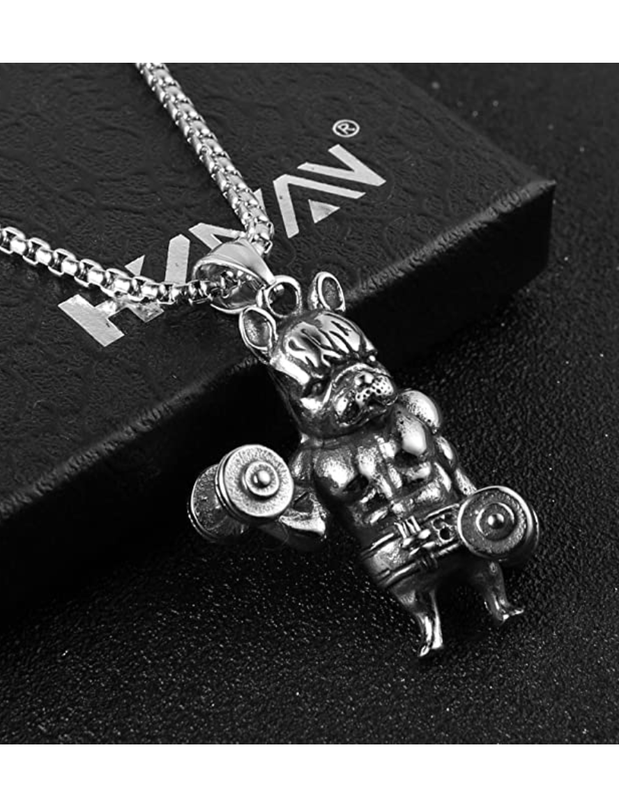 Workout Dumbbell Necklace Bulldog Pitbull Pendant Jewelry Dog Chain Doggy Puppy Birthday Gift 24in.