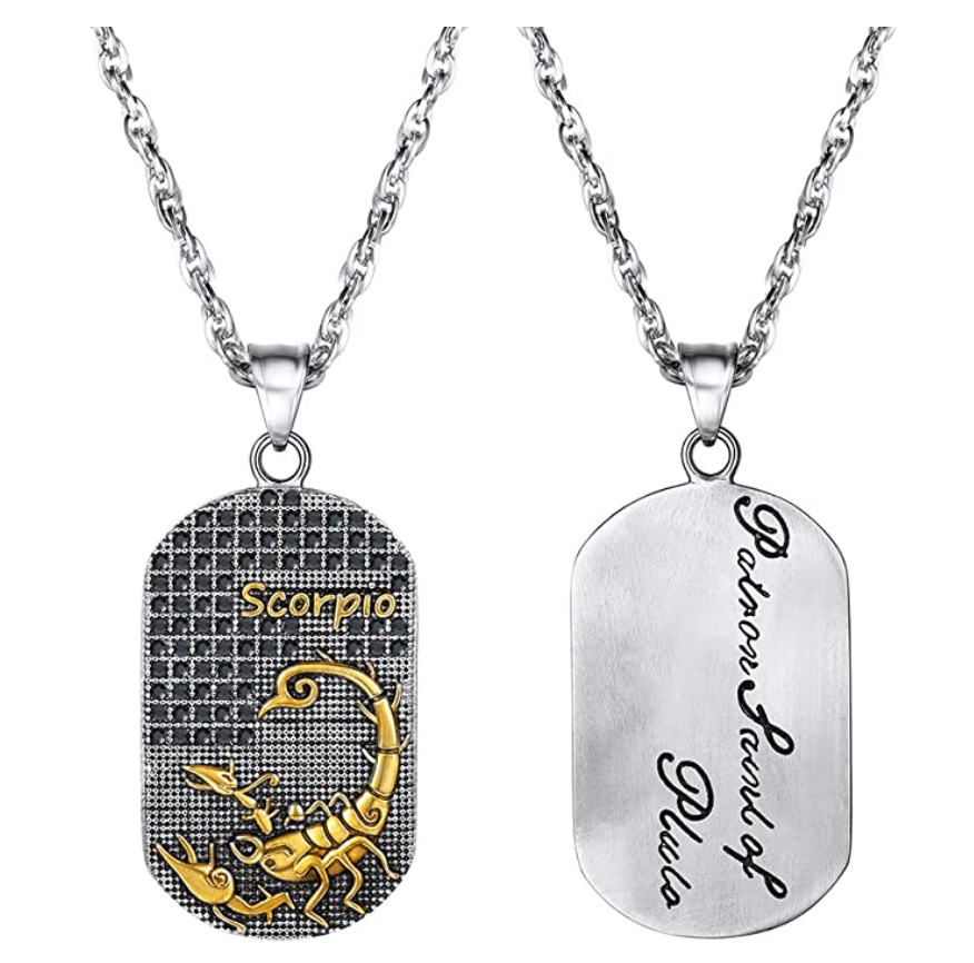 Scorpio Dog Tag Necklace Pendant Scorpion Chain Zodiac Astrology Stainless Steel Chain Jewelry Scorpio Birthday Gift 24in.