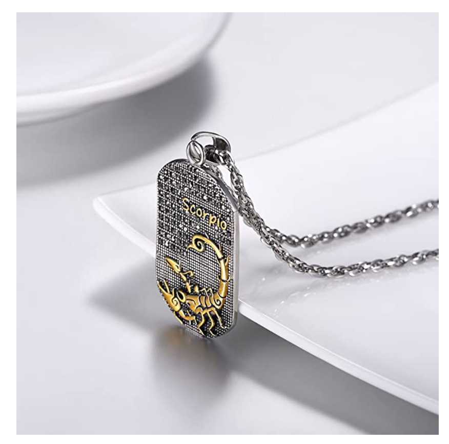 Scorpio Dog Tag Necklace Pendant Scorpion Chain Zodiac Astrology Stainless Steel Chain Jewelry Scorpio Birthday Gift 24in.