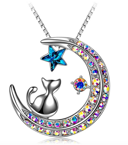 Cat on Moon Necklace Star Cat Pendant Jewelry Kitty Chain Birthday Gift 18in.