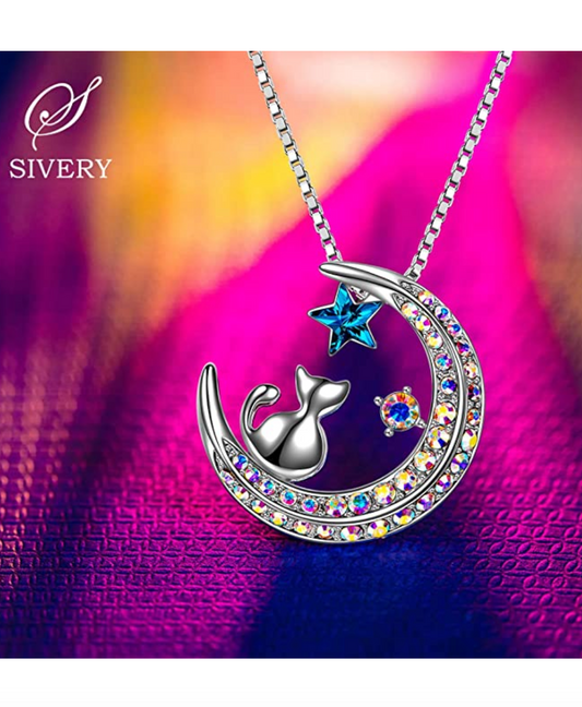 Cat on Moon Necklace Star Cat Pendant Jewelry Kitty Chain Birthday Gift 18in.