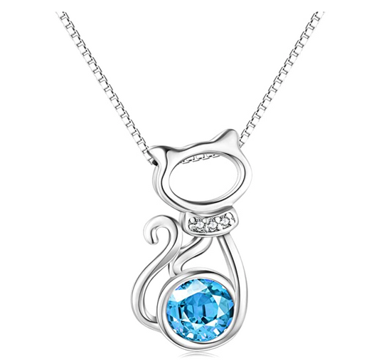 Cat Necklace Simulated Blue Pink Diamonds Cat Pendant Jewelry Kitty Chain Birthday Gift 925 Sterling Silver 18in.