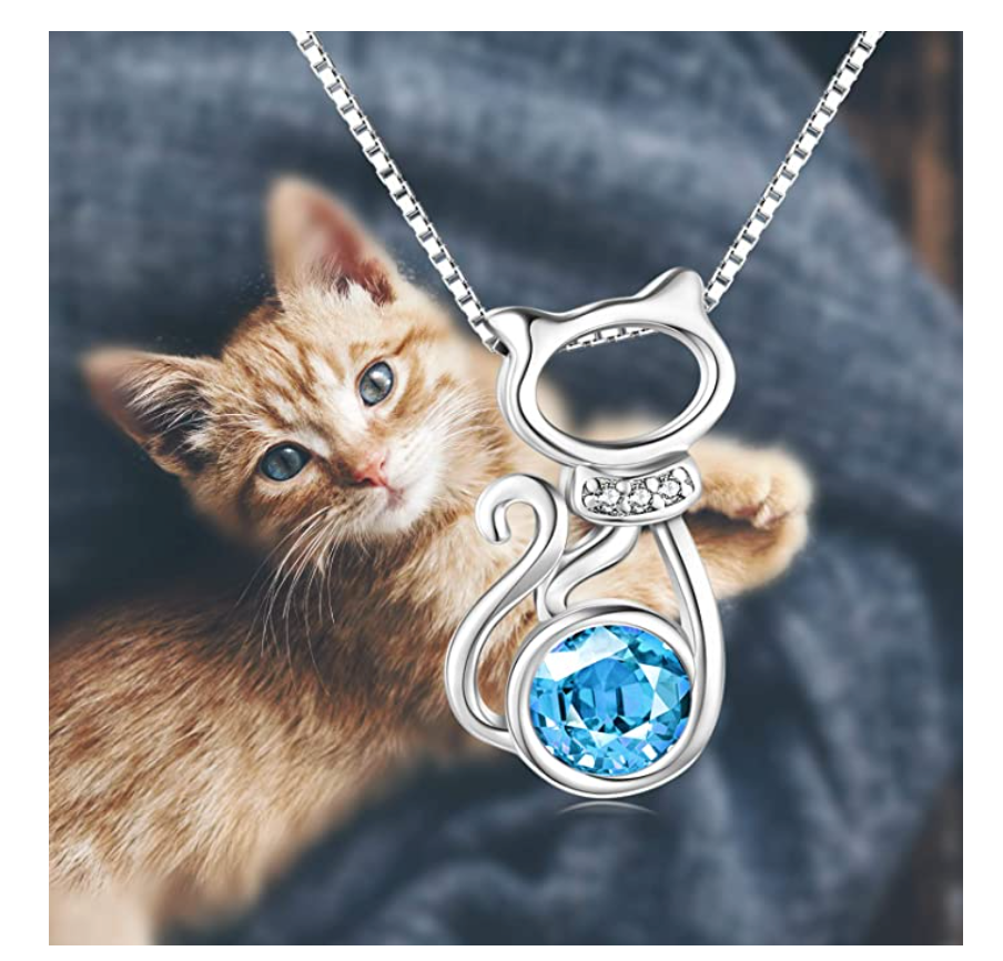 Cat Necklace Simulated Blue Pink Diamonds Cat Pendant Jewelry Kitty Chain Birthday Gift 925 Sterling Silver 18in.