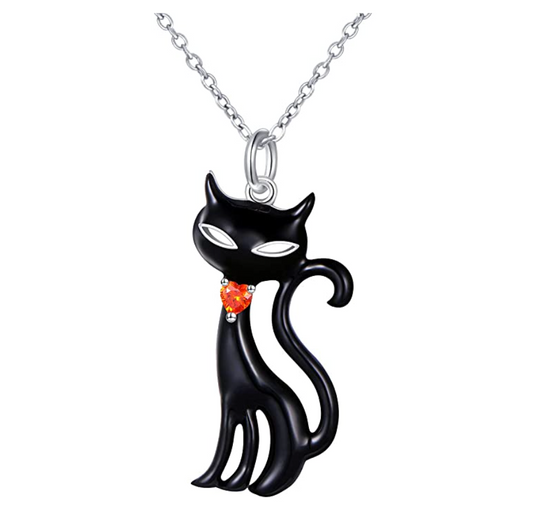 Black Cat Necklace Kitty Pendant Jewelry Cat Chain Birthday Gift 925 Sterling Silver 18in.