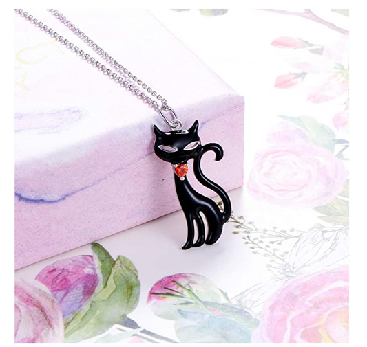 Black Cat Necklace Kitty Pendant Jewelry Cat Chain Birthday Gift 925 Sterling Silver 18in.