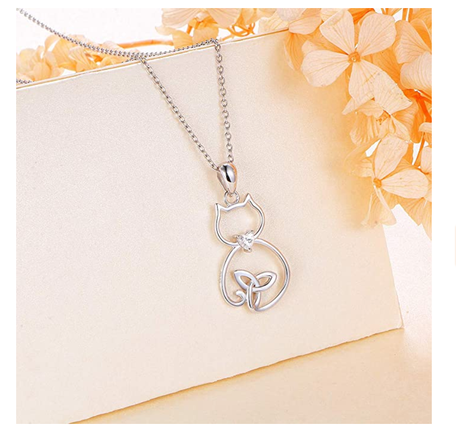 Simulated Diamond Heart Cat Necklace Kitty Pendant Jewelry Cat Chain Birthday Gift 925 Sterling Silver 18in.