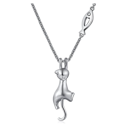 Hanging Cat Fish Necklace Kitty Pendant Jewelry Cat Chain Birthday Gift 925 Sterling Silver 18in.